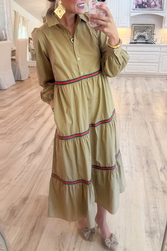 Tiered Long Sleeve Pockets Dress