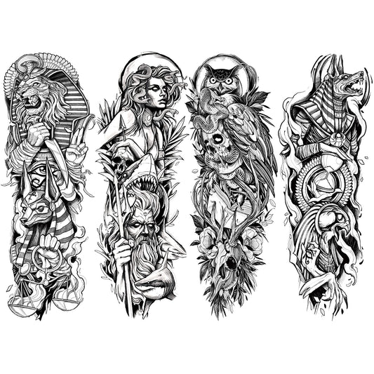 4 Sheets Full Arm Leg Extra Large Temporary Tattoos, Owl Snake Skull God Medusa Poseidon Anubis Horus Lion Eagle Egypt