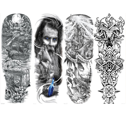 4 Sheets Viking Ship Totem Full Arm Sleeves Temporary Tattoos
