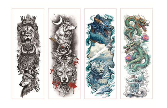 4 Sheets Wolf Tiger Owl Snake Skull Full Arm Sleeves