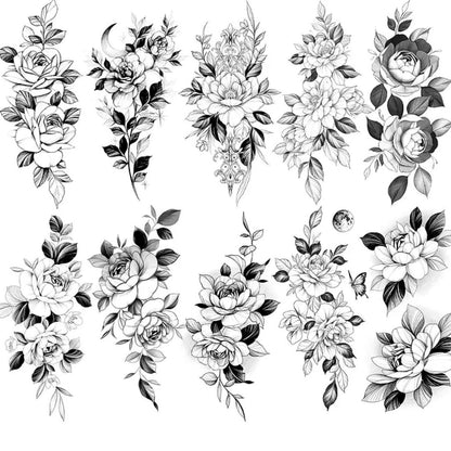 10 Sheets 3D Black Rose Peony Temporary Tattoo