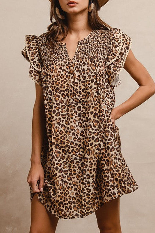 Leopard Ruffle Sleeve Pocket Dress