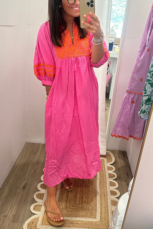 Embroidered Detail Pockets Midi Dress