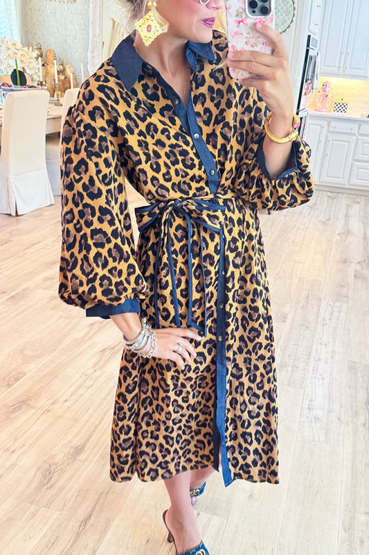 Leopard Contrast Button Down Midi Dress