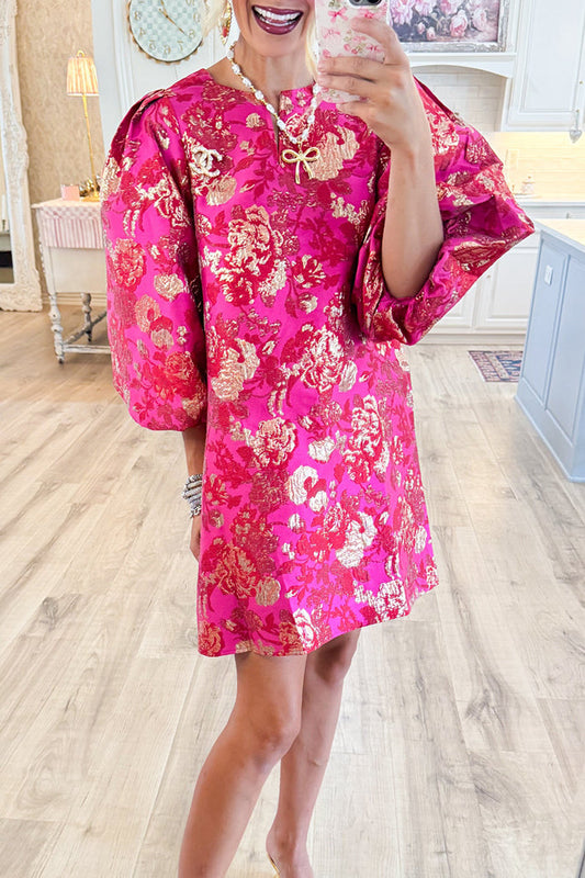 Hot Pink Gold Accent Jacquard Shift Dress