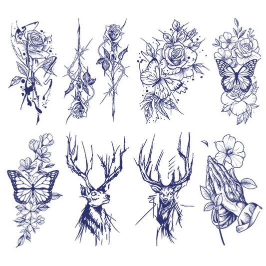8 Sheets Rose Butterfly Deer Semi-Permanent Tattoo Stickers