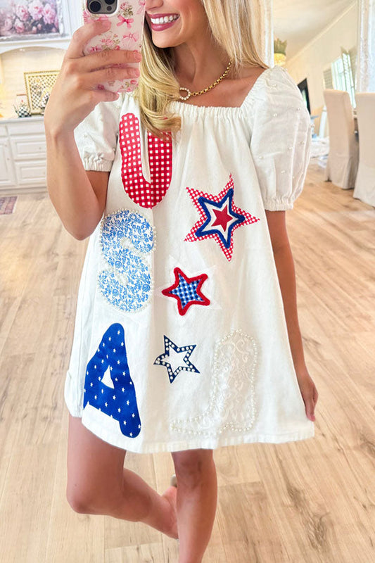 Puff Sleeves Pearl Mini Dress