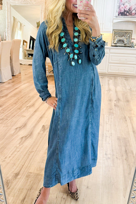 Denim Caftan Pockets Midi Dress