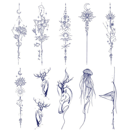 10 Sheets Flower Deer Jelly fish Boat Chest Arm Body Semi Permanent Stickers