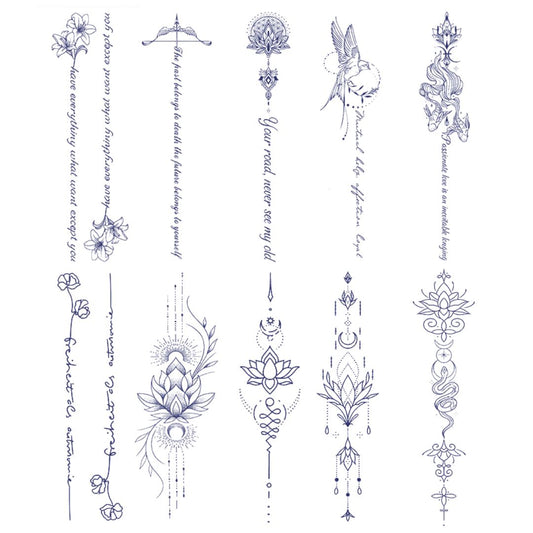 10 Sheets Flower Bird Fish Mandala Quotes Chest Arm Body Semi Permanent Stickers