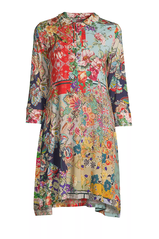 Intricate Floral Collage Decorates Button Shirtdress