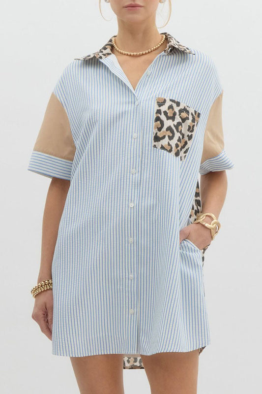 Stripe Leopard Contrast Pocket Dress