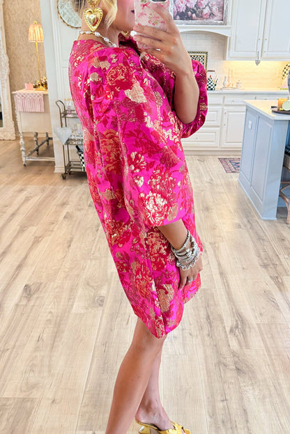 Hot Pink Gold Accent Jacquard Shift Dress