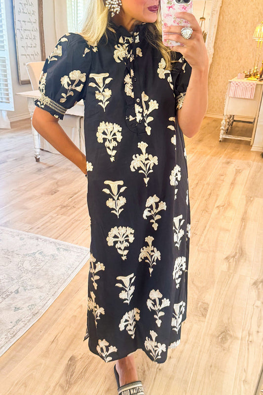 Black Floral Puff Sleeve Midi Dress