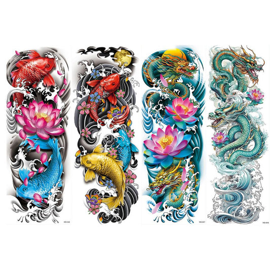 Chinese Style Fish Dragon Full Arm Temporary Tattoo Sleeves