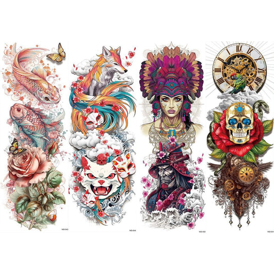 4 Sheets Watercolor Fish Fox Samurai Skull Full Arm Sleeves